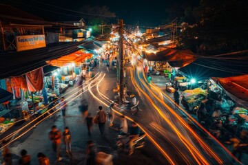 People walking through busy night market with light trails from above