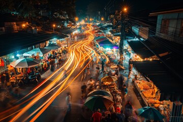 Fototapeta premium Night market long exposure photography with light trails