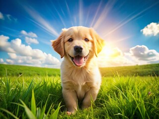 Adorable Golden Retriever Puppy Playing in a Green Meadow with Bright Sunshine and Blue Sky Background