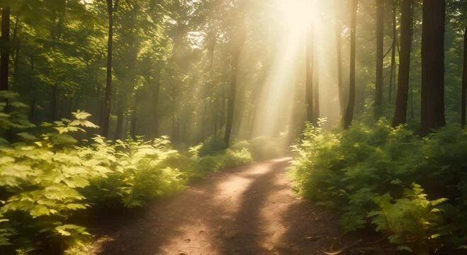 Flight path through a forest with Sunrays scattering on the trail World Environment Day 4k animation