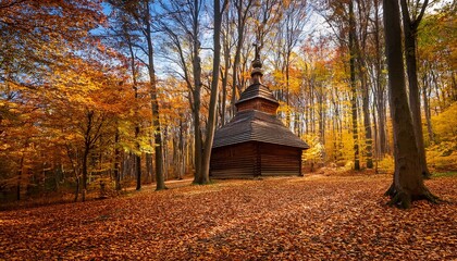 Fototapeta premium Autumn Serenity: Wooden Chapel Amidst Fall Foliage in Forest