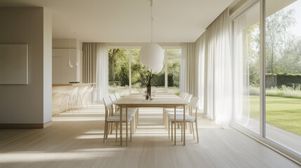 Fototapeta premium Bright minimalist dining area with a simple wooden table and white chairs, set in a spacious room with large windows and natural light