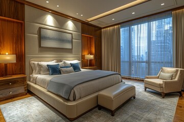Modern Bedroom with City View and Leather Bed