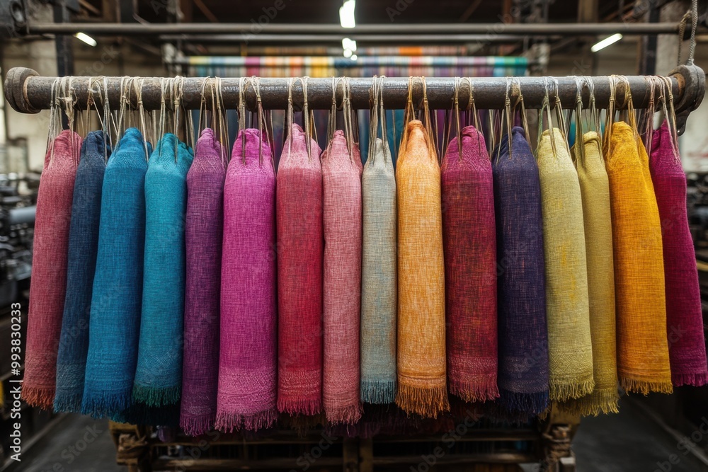 Poster a row of colorful fabric hanging in a workshop