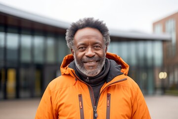 Fototapeta premium Portrait of a glad afro-american man in his 60s wearing a windproof softshell in front of modern university campus background