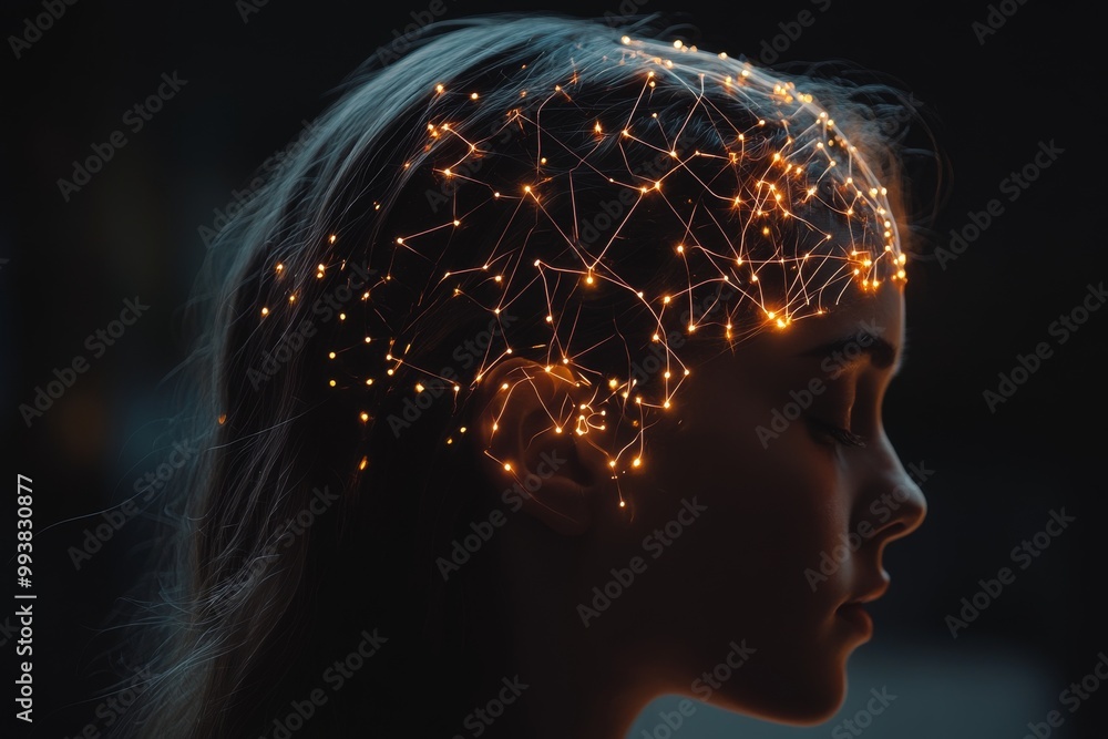 Poster profile of a womans head filled with glowing network patterns symbolizing the interconnectedness of 