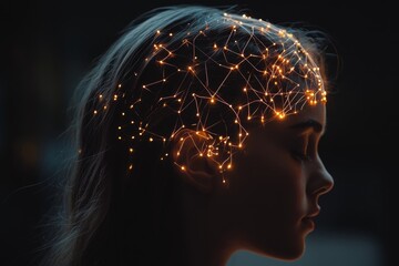 Profile of a womans head filled with glowing network patterns symbolizing the interconnectedness of neurons and cognitive processes