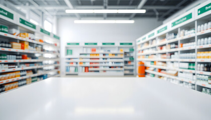 White Table in Front of Blurred Pharmacy Shelves.