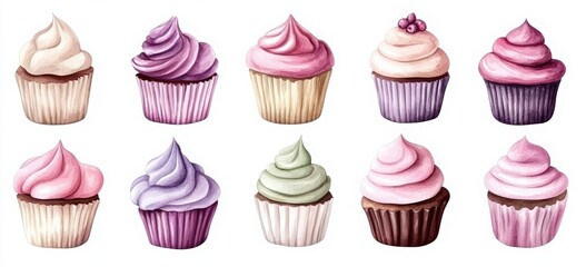 Cupcakes set. Cupcakes with pink and purple frosting, a watercolor illustration on a white background. Hand-drawn cupcakes in different shapes with flower decorations. 