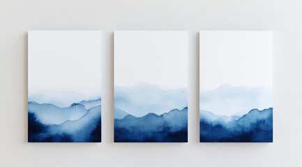 3 watercolor blue and white gradient abstract paintings on canvas