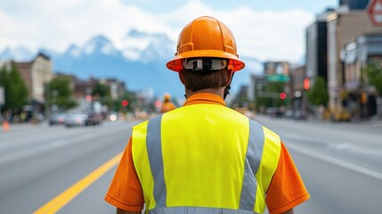 Worker in Safety Gear on Urban Street with Mountains
