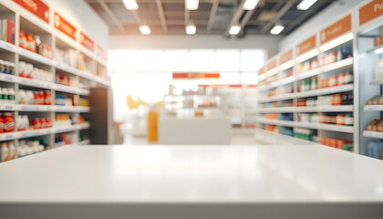 White Table In Blurred Pharmacy Shop.