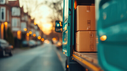 A truck with open doors, showcasing boxes inside, ready for moving and delivery, parked on a residential street
