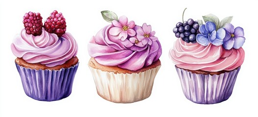 Cupcakes set. Cupcakes with pink and purple frosting, a watercolor illustration on a white background. Hand-drawn cupcakes in different shapes with flower decorations. 