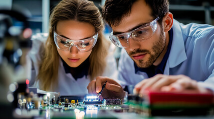 Male and female engineer inspecting a PCB (printed circuit board).