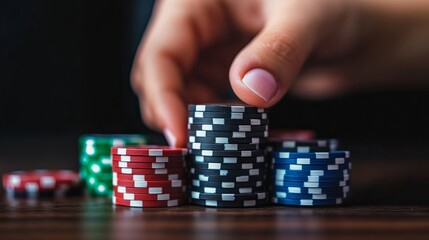 Naklejka premium Hand pick Poker Chips Stacked on a Wooden Surface
