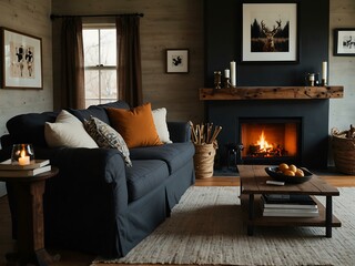 Cozy couch by a fireplace.