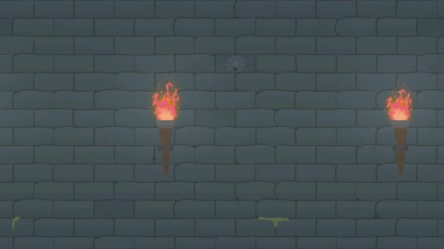 burning fire torch on dark medieval castle wall seamless loop animation