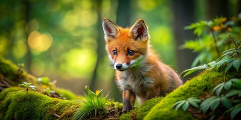 Fototapeta premium Adorable Little Fox Curiously Exploring Its Natural Habitat in a Beautiful Forest Setting