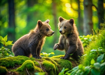 Fototapeta premium Adorable Little Bears Playing in the Forest Surrounded by Greenery and Natural Beauty of Nature