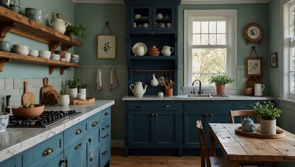 Cozy kitchen with blue cabinets and white countertops in a dreamlike atmosphere.