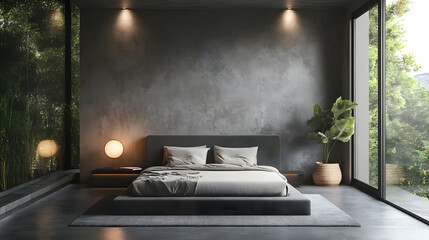 Modern Bedroom Interior Design with Grey Concrete Wall and Large Windows - 3D Illustration