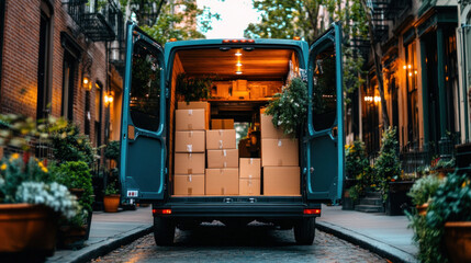 Delivery truck parked on a bustling street with its back doors open, showcasing boxes organized for fast delivery