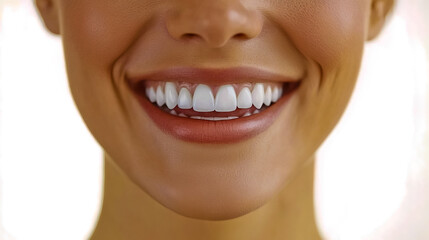 Fototapeta premium Woman smiling with white teeth, set against a white background.