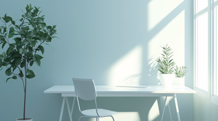 Fototapeta premium Bright minimalist workspace corner with a sleek white desk, a simple chair, and a single potted plant. Sunlight streaming through a window, creating a peaceful work environment