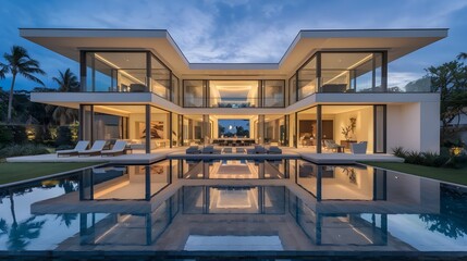 Fototapeta premium Modern Luxury Villa with Infinity Pool and Sunset Sky