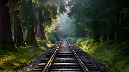 Fototapeta premium Rlroad Tracks Through a Lush Forest