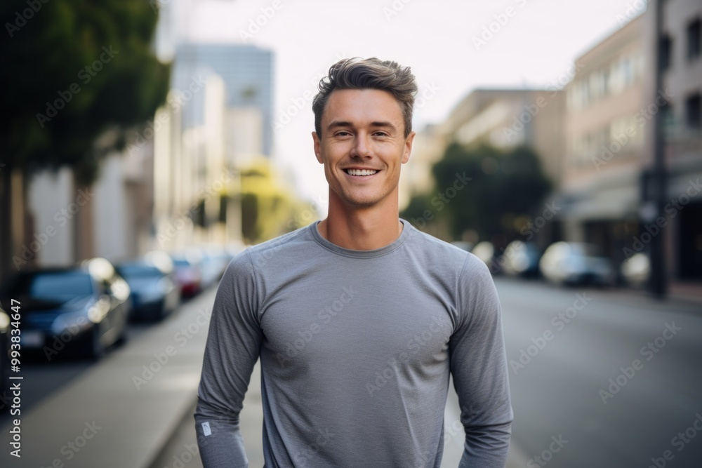 Poster Portrait of a grinning man in his 20s showing off a lightweight base layer in bustling city street background