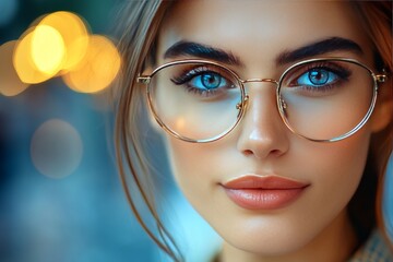 Portrait of a woman with bright blue eyes and glasses symbolizing clarity focus and intellectual insight in a glowing modern environment