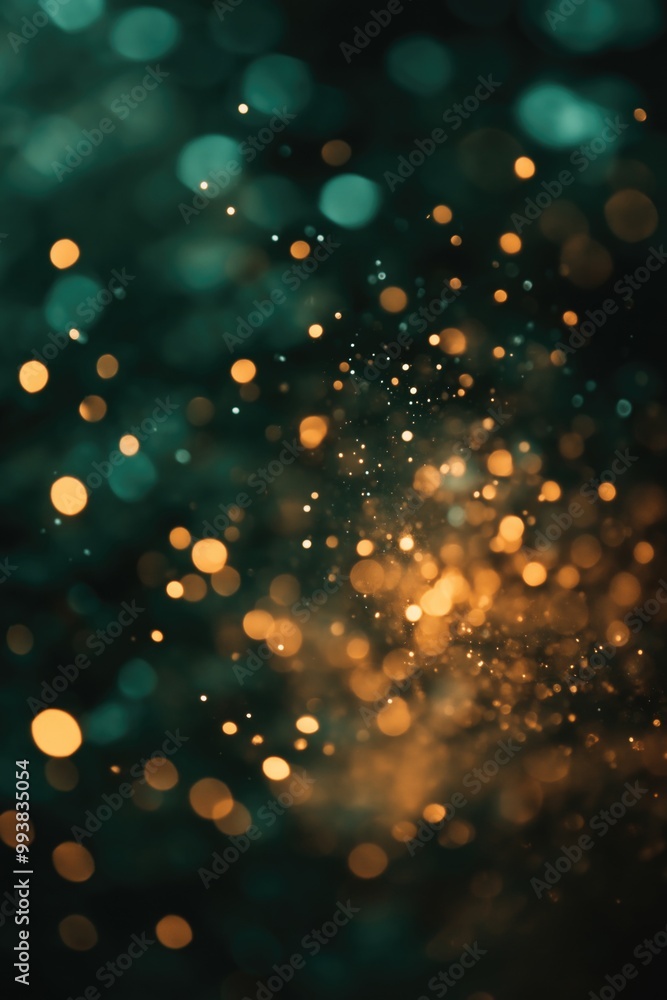 Poster a shimmering dark green background with golden bokeh lights creating a magical atmosphere.