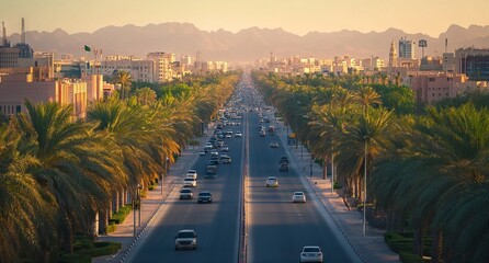 Aerial View of Riyadh: Palm Trees Lining the Streets. AI generated illustration
