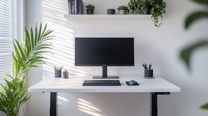 Clean and minimalist office space with a standing desk, simple monitor setup, and a single plant. White walls and uncluttered shelves in the background