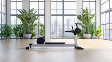 Modern Gym Interior with Rowing Machine and Plants