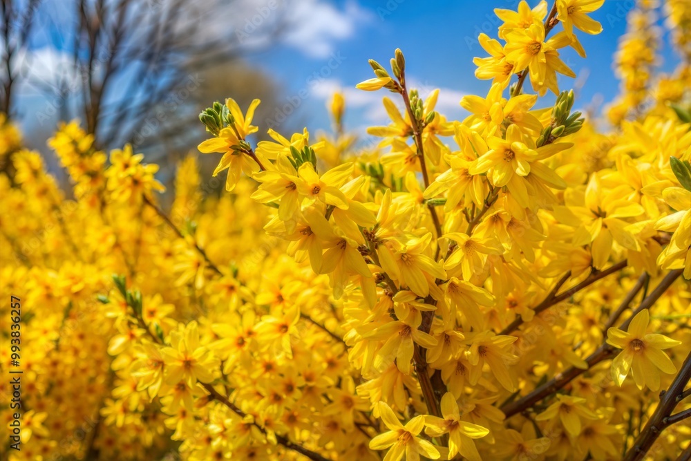 Poster Close-up of vibrant yellow forsythia bush in full bloom