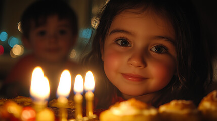 Smiling Girl in Candlelight with Sweets & Desserts at Birthday Party

