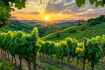 Naklejka premium Vineyard Rows with Green Grapes at Sunset