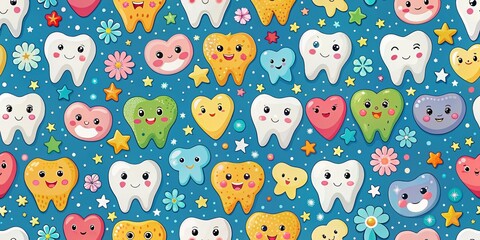 Adorable Tooth Pattern Background for Children's Dental Health and Cute Themed Designs and Projects
