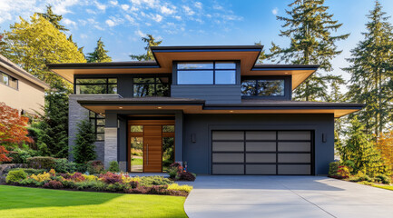 Fototapeta premium A modern house with two large garage doors, one made of white concrete and the other in dark gray wood with brown accents