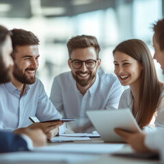 Smiling, multi-ethnic business people working together as a team with a digital tablet in a meeting