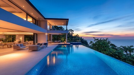 Obraz premium Stunning Luxury Villa with Panoramic Ocean View at Sunset. AI generated illustration