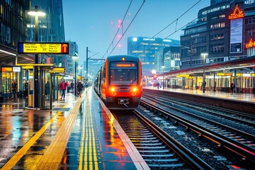 Obraz premium Modern train arriving at station in oslo at dusk