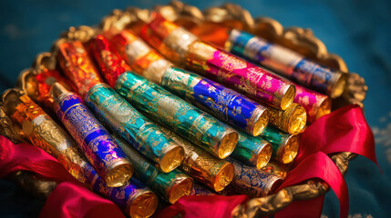 Fototapeta premium Festive arrangement of traditional Indian Diwali firecrackers with lamp wick on a bright violet fabric background.
