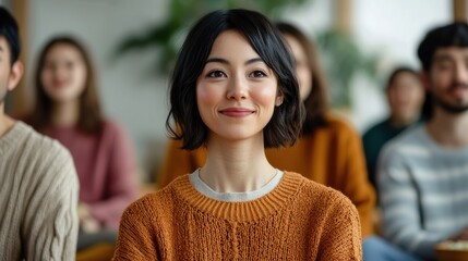  image features woman with warm smile, seated among group of people in cozy, inviting environment. Her expression conveys positivity and engagement, suggesting moment of connection and learning. 