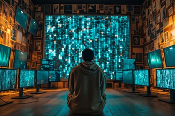 Programmer sitting on floor looking at multiple computer screens showing code