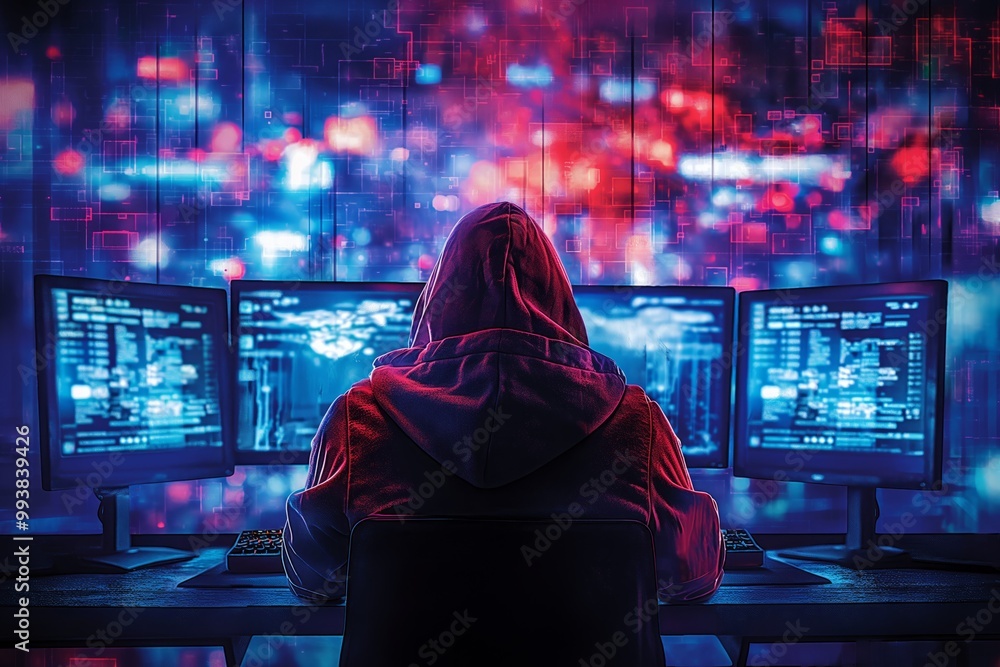 Poster hacker breaking through system firewall protection working late at night