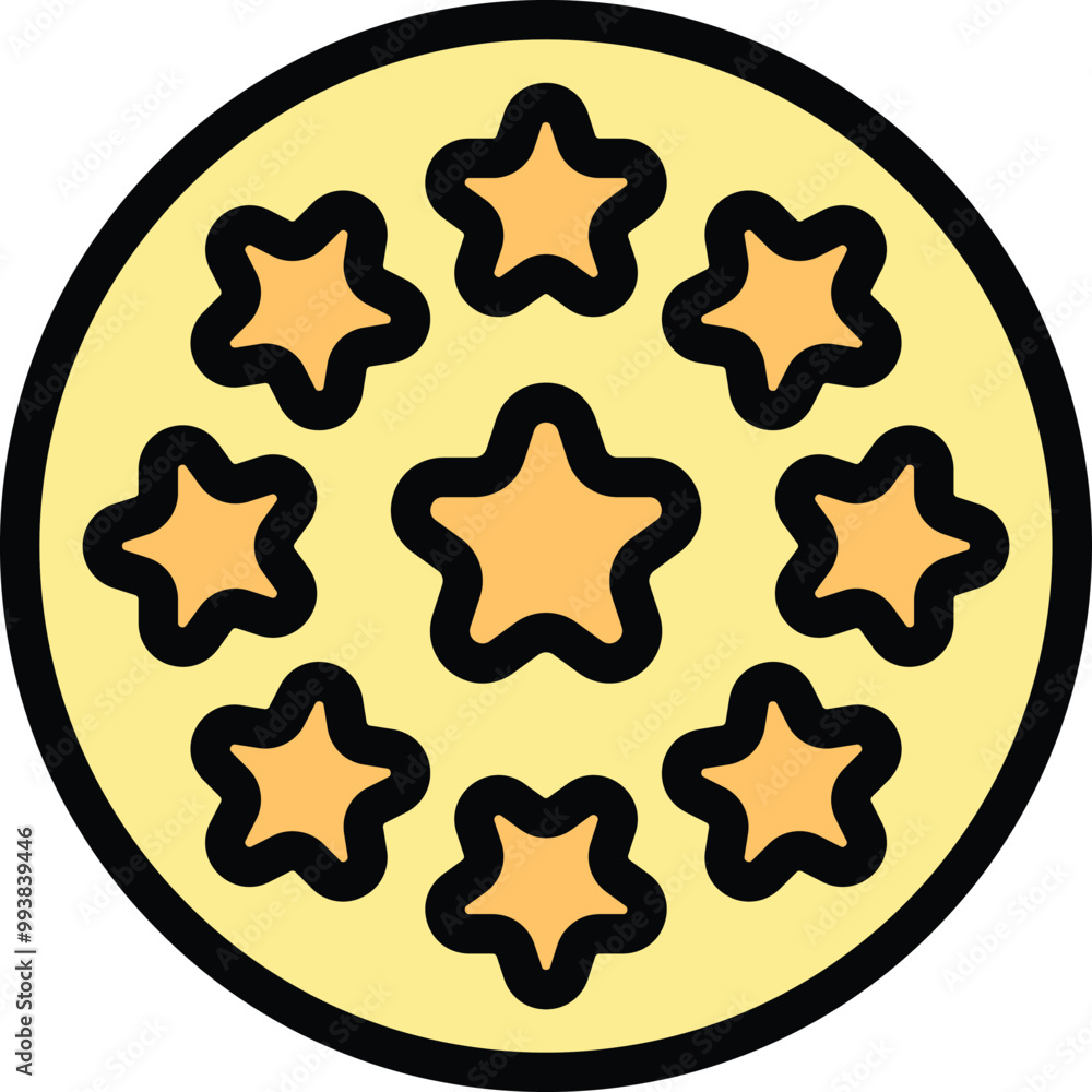 Poster yellow circle with nine stars arranged in a circle, representing a rating system